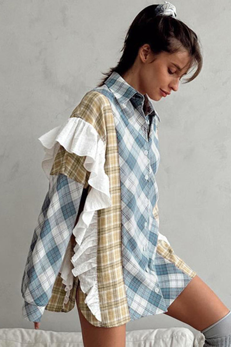 Sky Blue Plaid Print Patchwork Ruffle Shirt