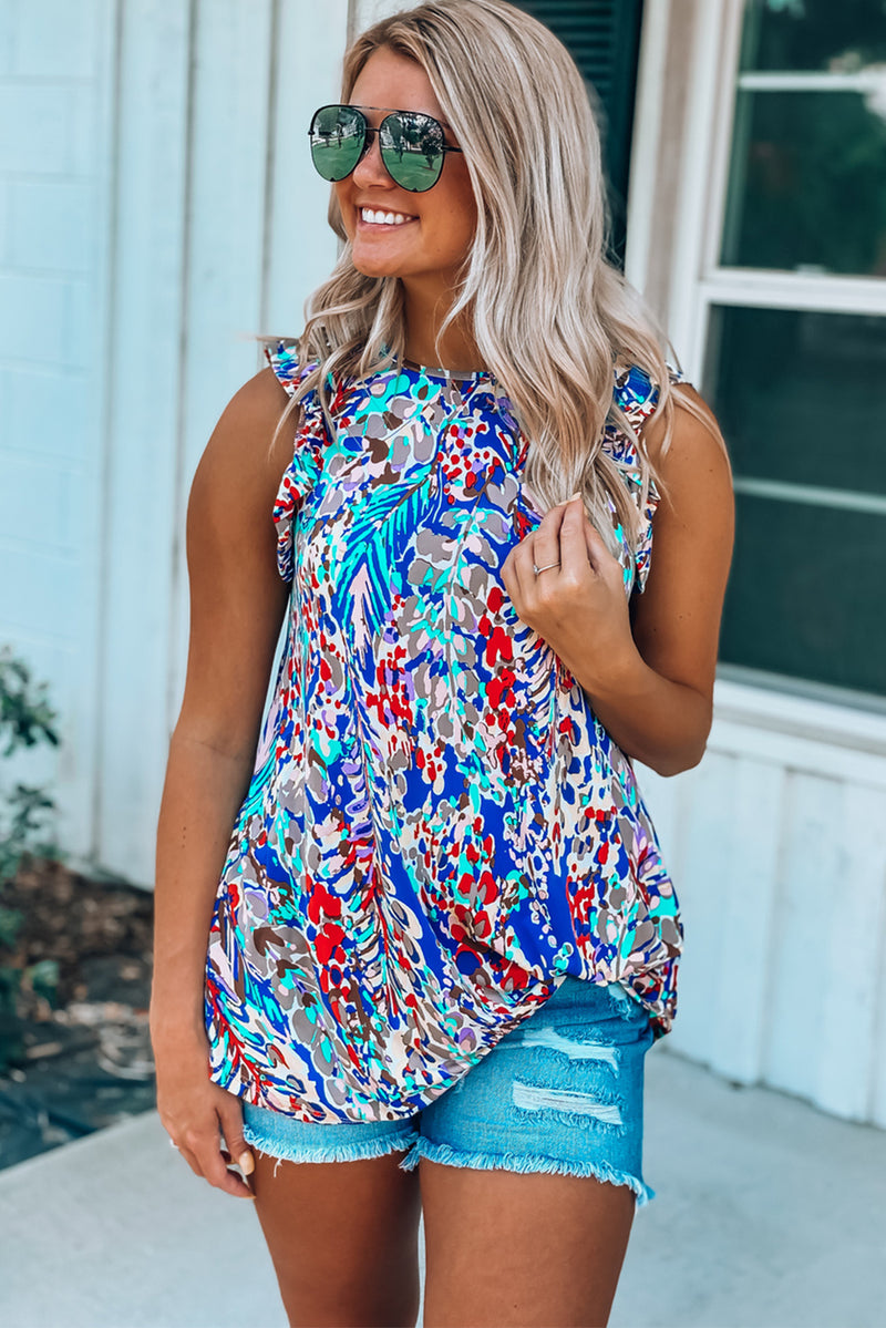 Rosy Boho Abstract Print Ruffle Babydoll Sleeveless Shirt