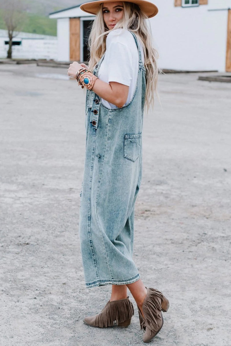 Black Distressed Bib Pocket Wide Leg Denim Overall