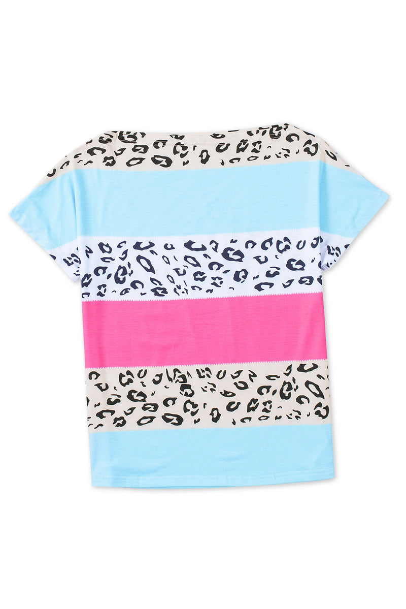 Leopard Print Color Block Short Sleeve Boat Neck Top