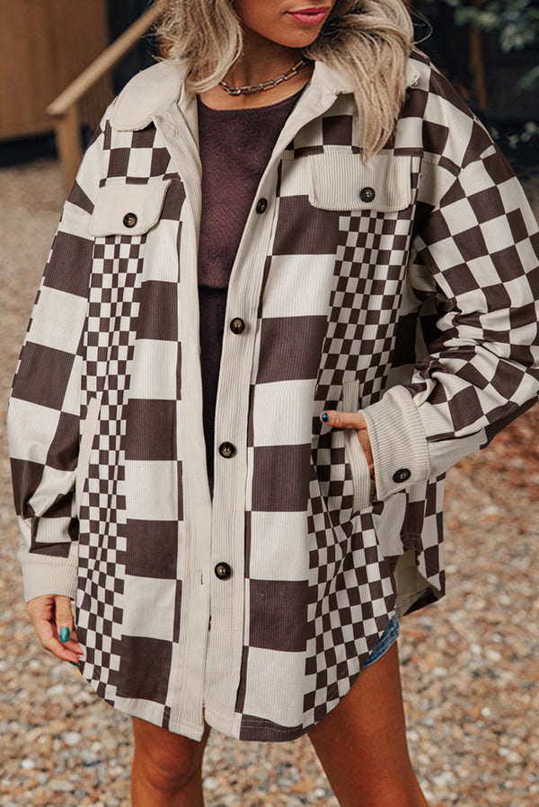 Brown Checkered Corduroy Button Up Shacket