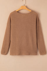 Khaki Waffle Knit Casual Drop Shoulder Long Sleeve Top