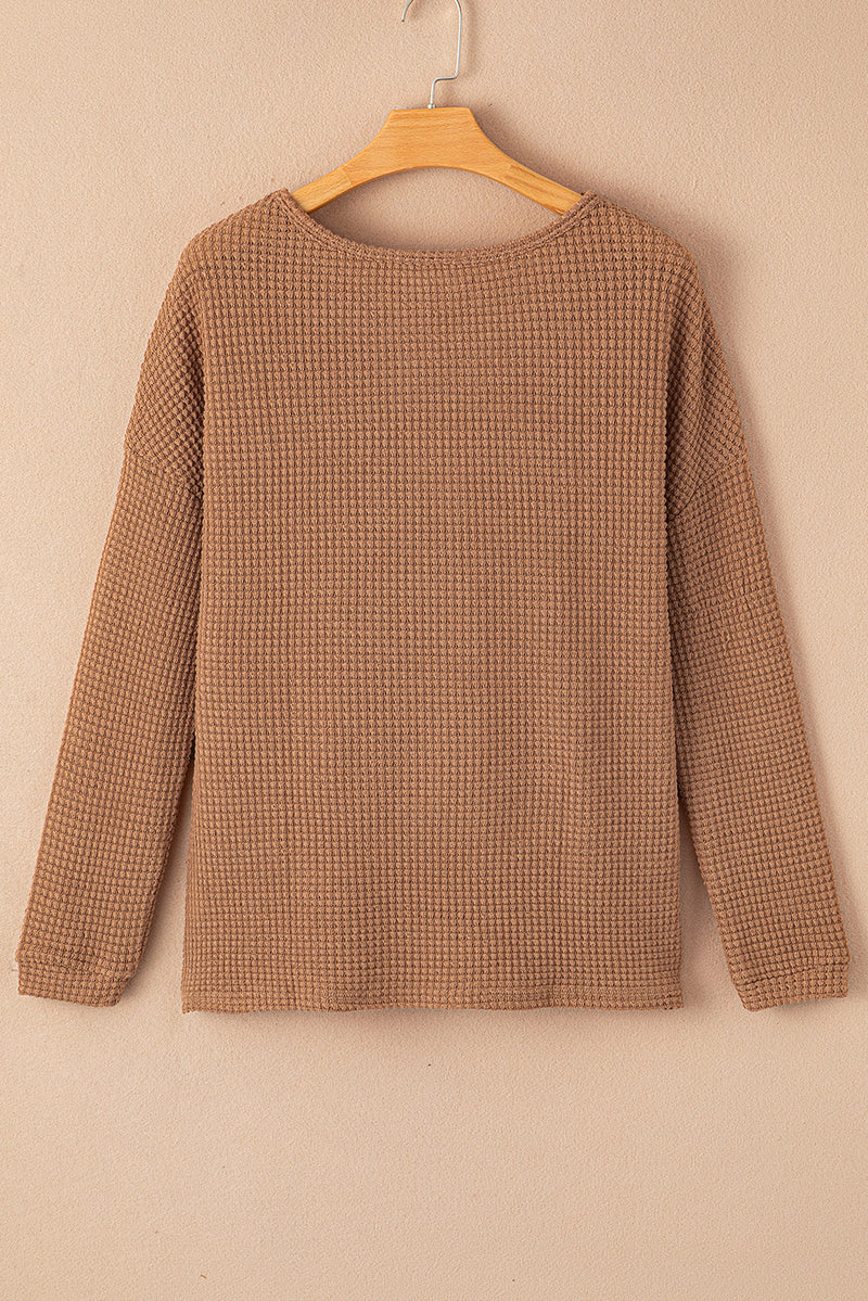 Khaki Waffle Knit Casual Drop Shoulder Long Sleeve Top