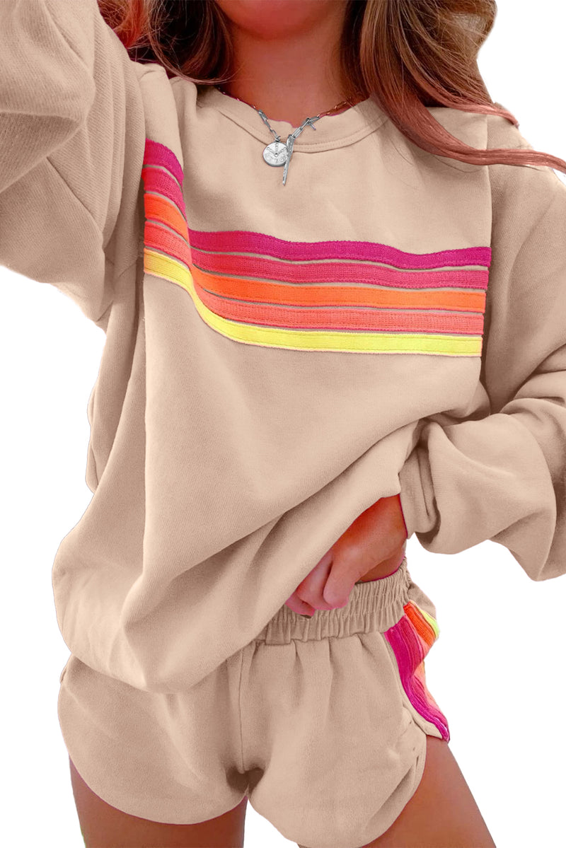 Black Colorful Striped Long Sleeve Pullover and Shorts Set