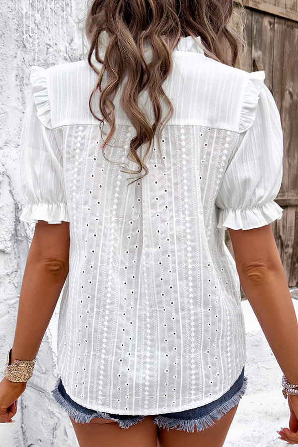 White Solid Color V-neck Frill Trim Eyelet Blouse