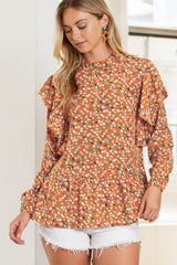 Orange Ditsy Floral Boho Ruffle Long Sleeve Blouse