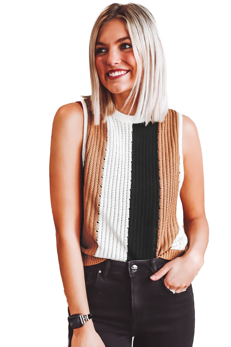 Khaki Stripe Color Block Sleeveless Knitted Top