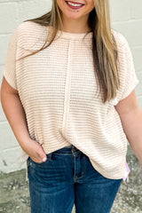 Beige Waffle Exposed Seam Plus Size Short Sleeve Top