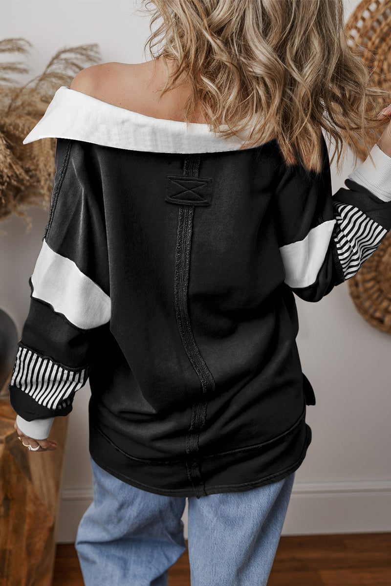 Black Striped Patchwork Collar Sweatshirt