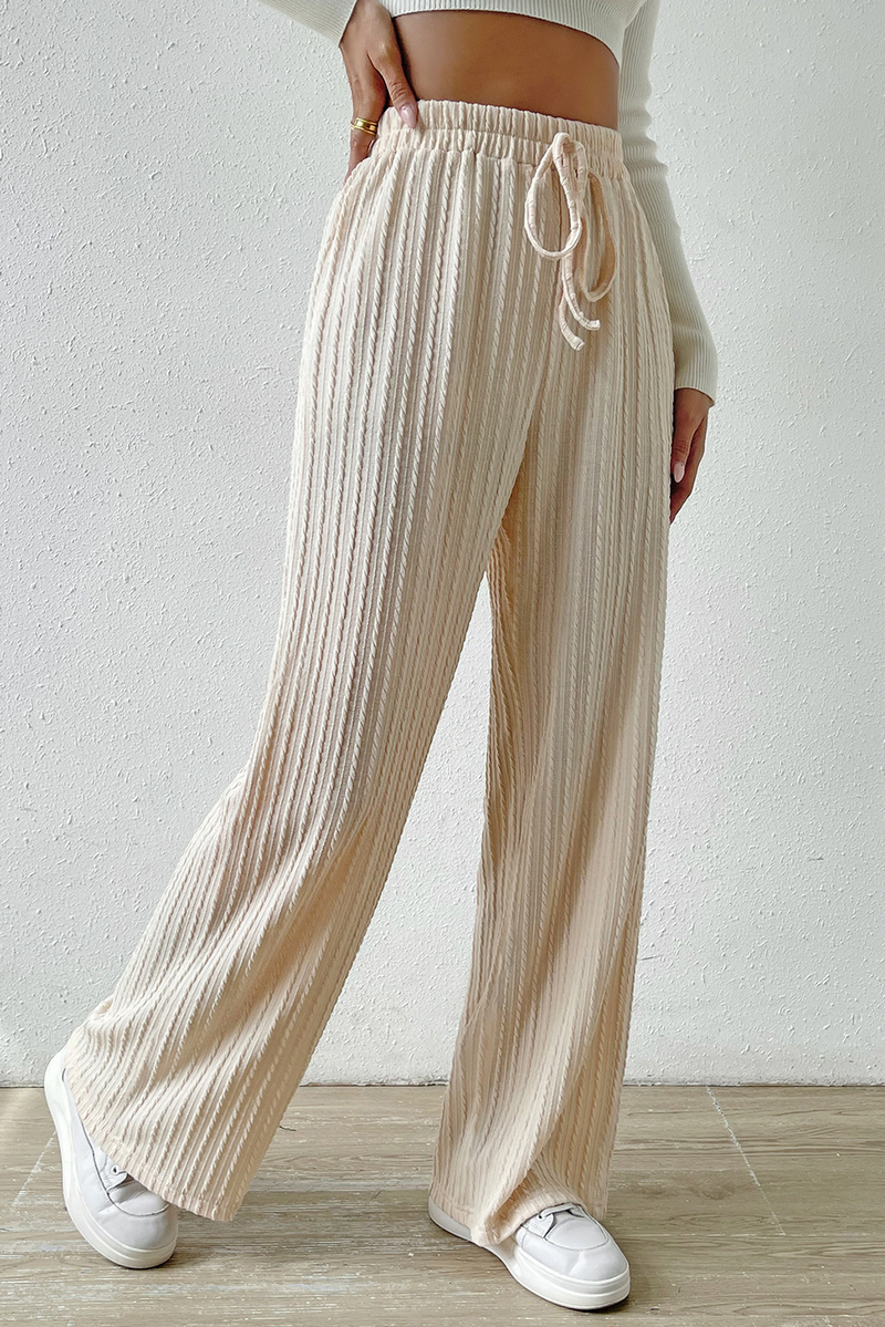 White Rib Knit Drawstring Elastic Waist Wide Leg Pants