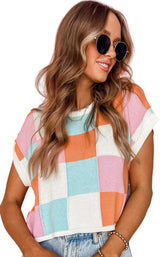 Grapefruit Orange Checkered Color Block Cap Sleeve Knitted Top