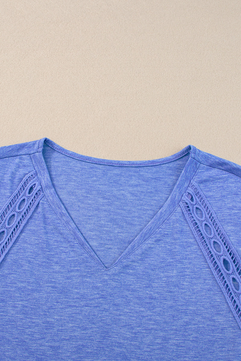 Sky Blue Solid Color Crochet Lace Detail Oversized Tee