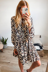 Black Leopard Button V Neck Flowy Mini Dress