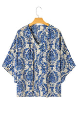 Blue Ethnic Print 3/4 Sleeve V Neck Plus Size Blouse