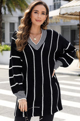 Black Contrast V Neck Loose Tunic Sweater