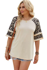 Beige Cheetah Print Tiered Half Sleeve Jewel Neckline T Shirt