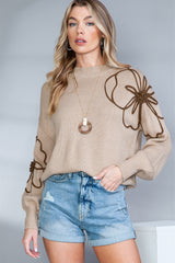 Khaki Floral Decor Lantern Sleeve Knit Sweater