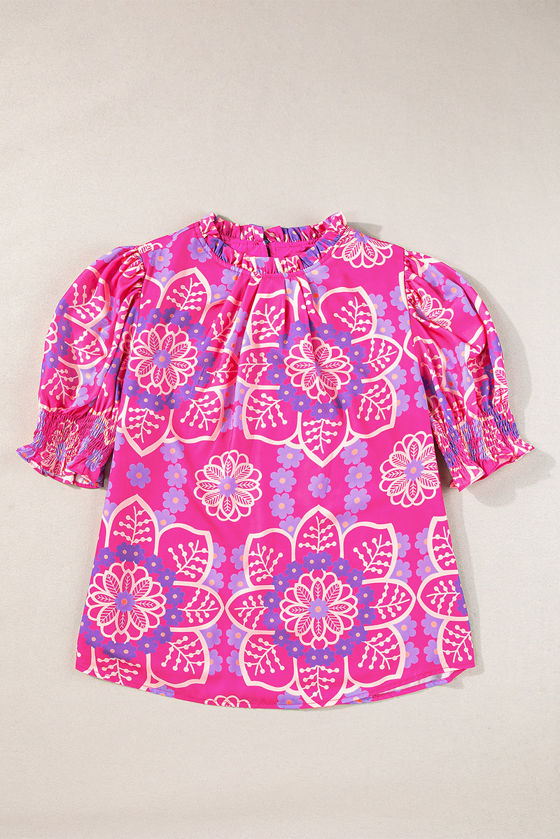 Rose Floral Print Frill Neck Smocked Cuffs Blouse