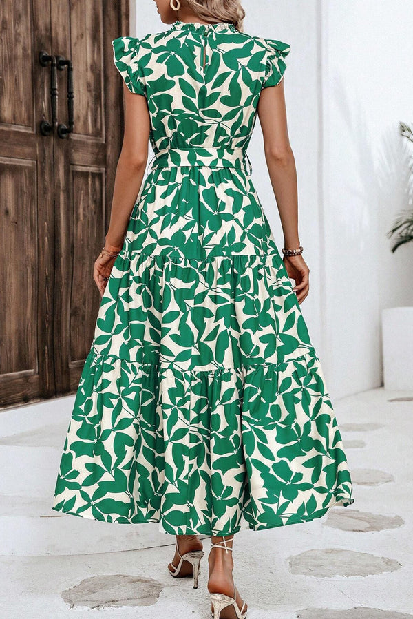 Green Leaf Print Ruffle Mock Neck High Waist Sleeveless Dress