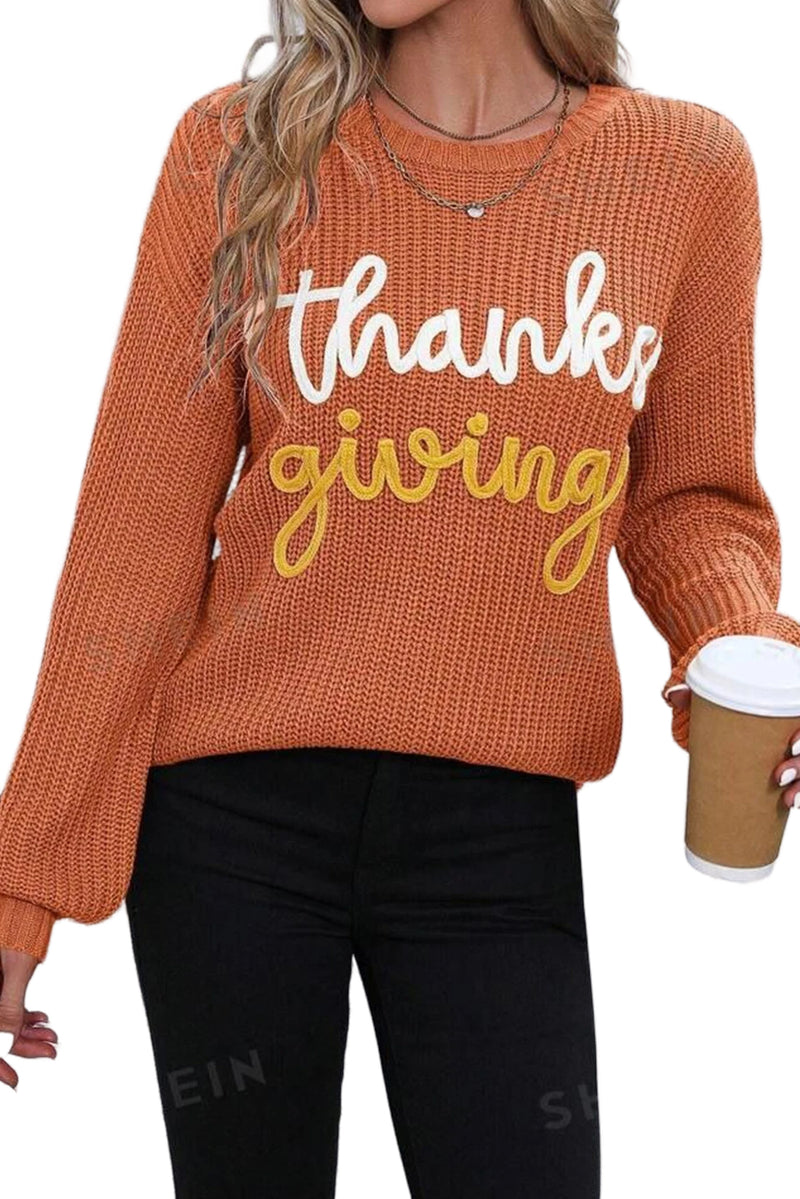 Red Sandalwood Thanksgiving Letter Graphic Crew Neck Sweater