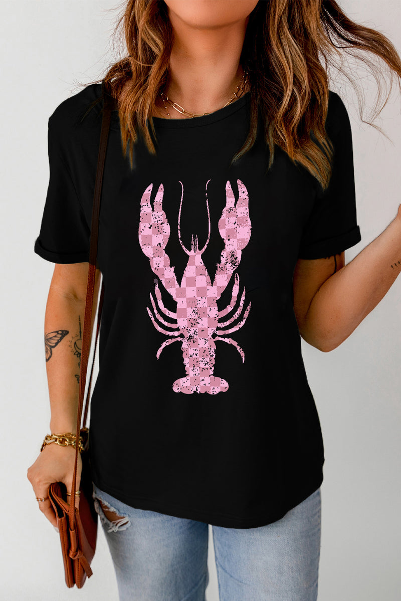 Black Checkered Crayfish Graphic Crew Neck T Shirt