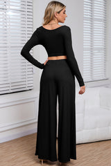 Pink Plain Ribbed Crop Top & Wide Leg Pants Two Piece Pants Set