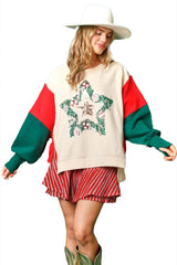 Apricot Sequin Christmas Star Color Block Sleeve Side Slits Sweatshirt