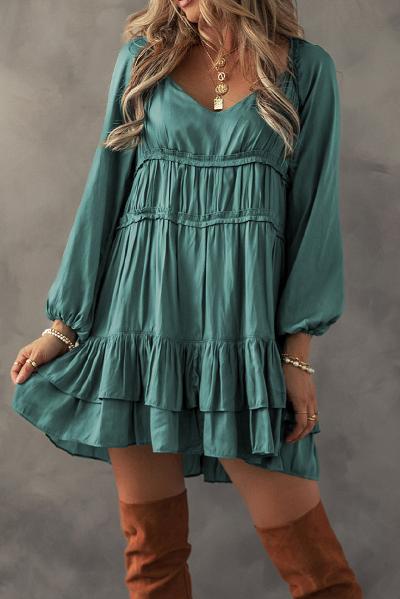 Mist Green Puff Sleeve Loose Fit Tiered Ruffle Mini Dress