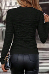 Black Plain Wavy Textured Slim Fit Long Sleeve Top