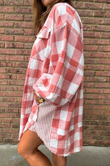 Pink Plaid Oversized Raw Hem Long Sleeve Dress