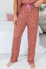 Brown Leopard Print Short Sleeve Shirt and Pants Pajamas Set