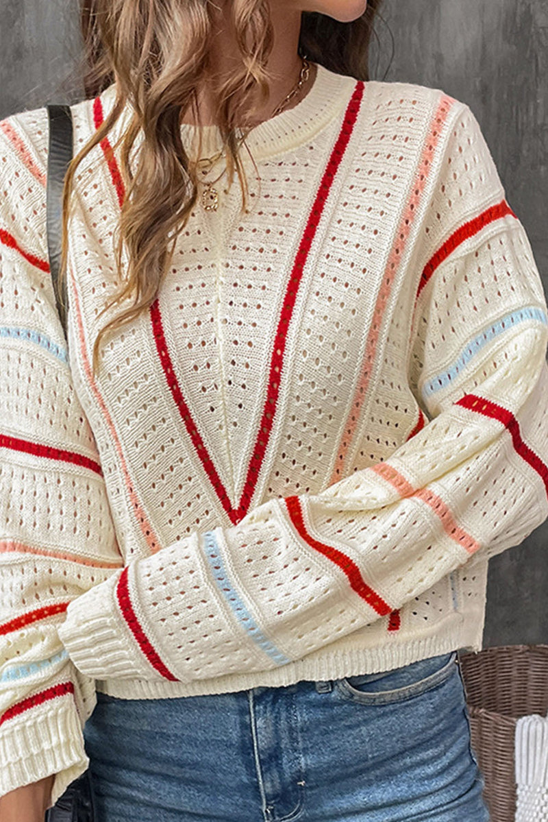 Apricot Striped Crew Neck Pullover Knit Sweater