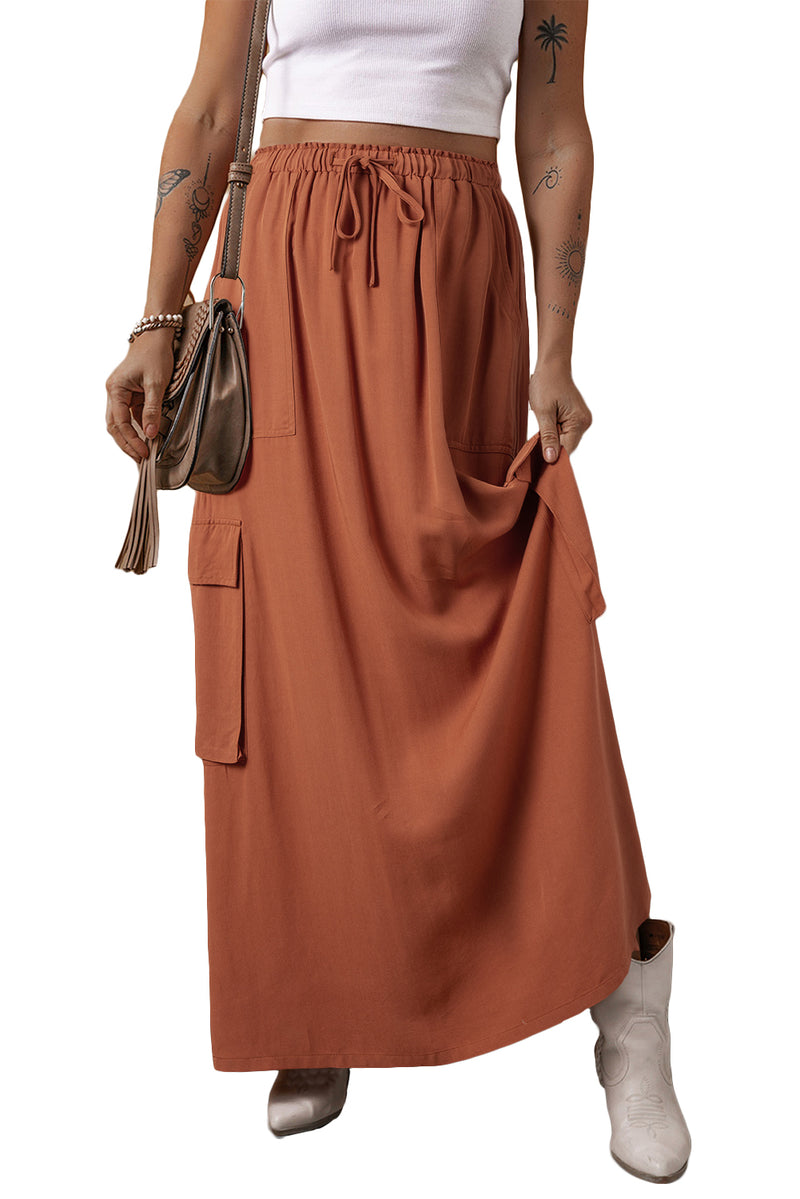 Chestnut Mineral Wash Cargo Pocket Drawstring Waist Maxi Skirt