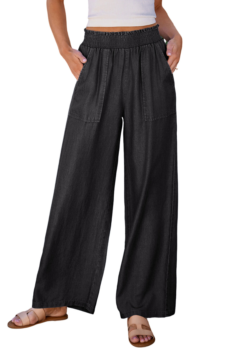 Black Side Pockets Frilled Smocked High Waist Wide Leg Jeans