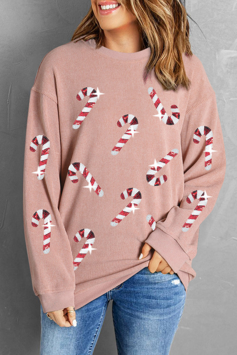 Gray Xmas Candy Cane Sequins Graphic Corded Sweatshirt