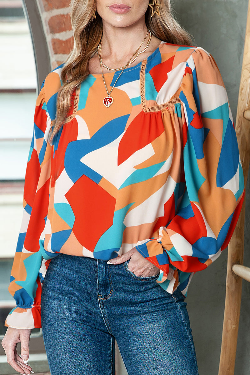 Multicolor Casual Abstract Print Puff Sleeve Blouse