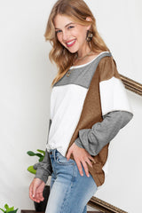 Khaki Color Block Exposed Seam Long Sleeve Top