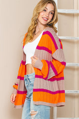 Orange Stripe Print Ribbed Knit Sweater Cardigan