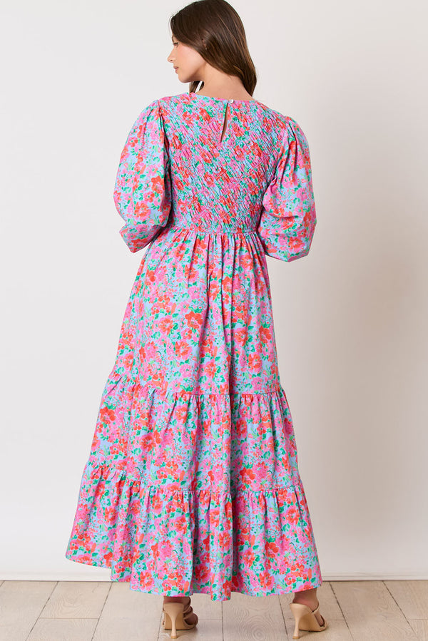 Sky Blue Boho Floral Print Smocked Lantern Sleeve Tiered Maxi Dress