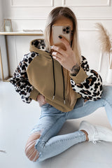 Khaki Leopard Bishop Sleeve Drawstring Hoodie