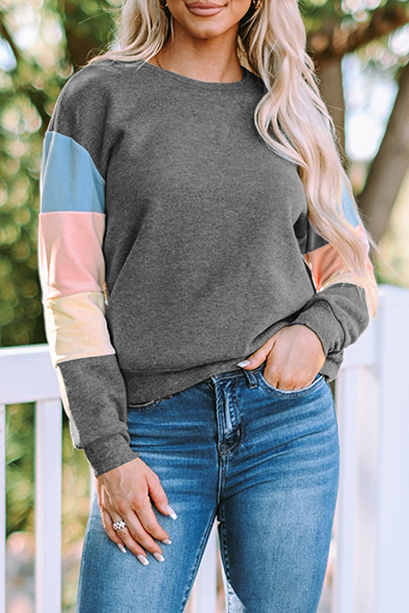 Rosy Color Block Casual Drop Sleeve Sweatshirt