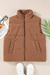 Coffee Solid Color Corduroy Puffer Vest Coat