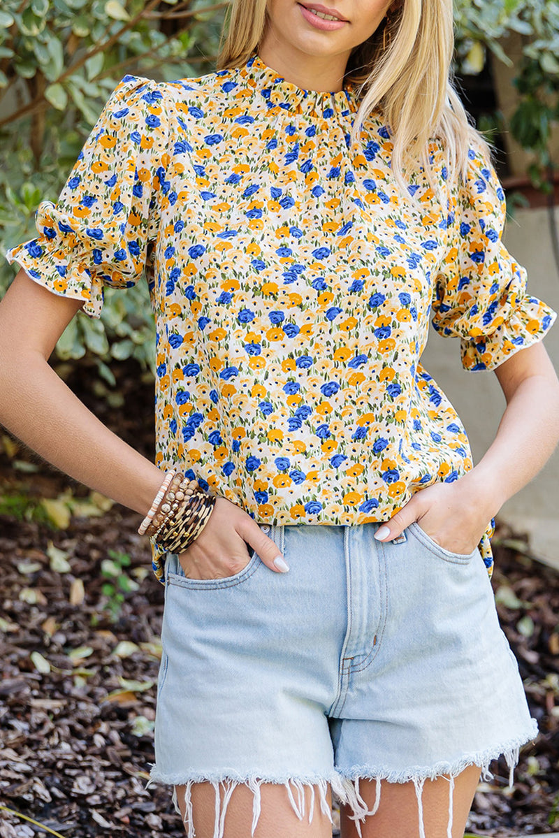 Orange Floral Boho Frill Mock Neck Blouse