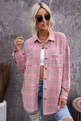 Pink Plaid Casual Button Up Shirt Shacket with Slits