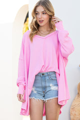 Pink Waffle Textured V-Neck Oversized Top