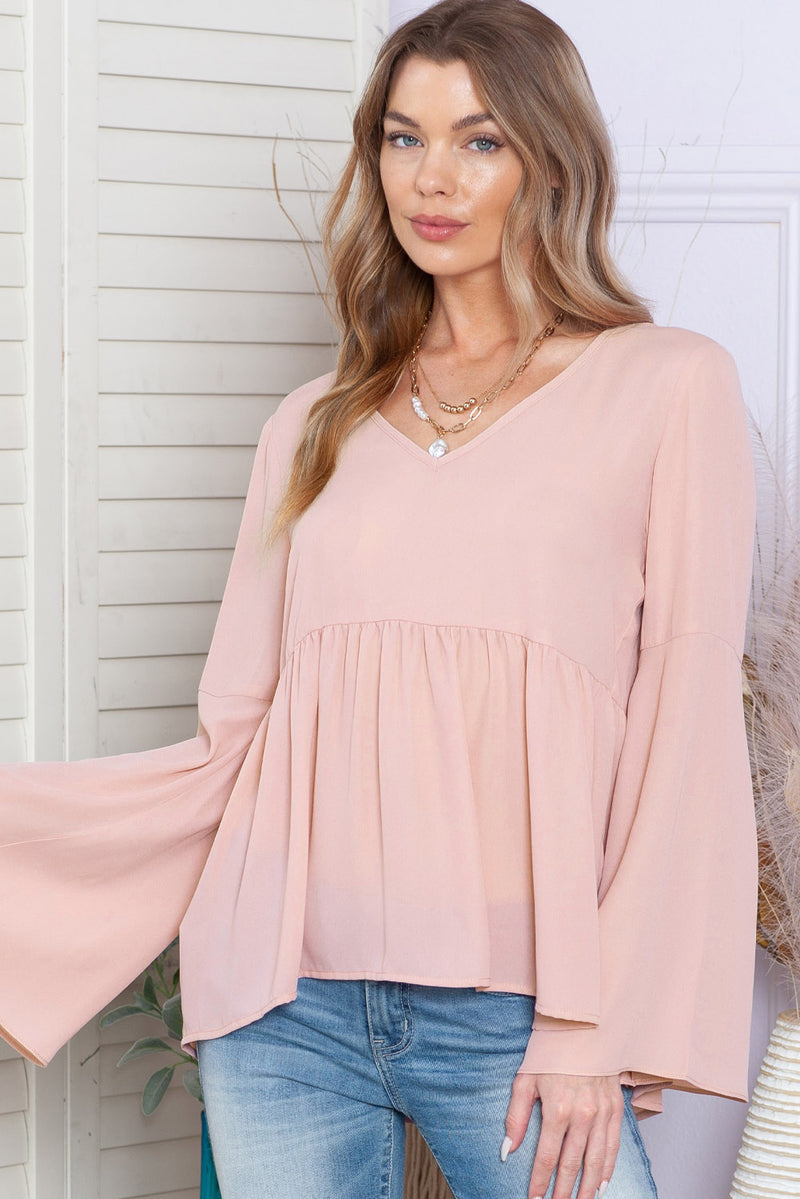 Pink Bell Sleeve Top V Neck Tie Back Peplum Blouse