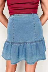 Beau Blue Asymmetric Ruffle Overlay Denim Mini Skirt