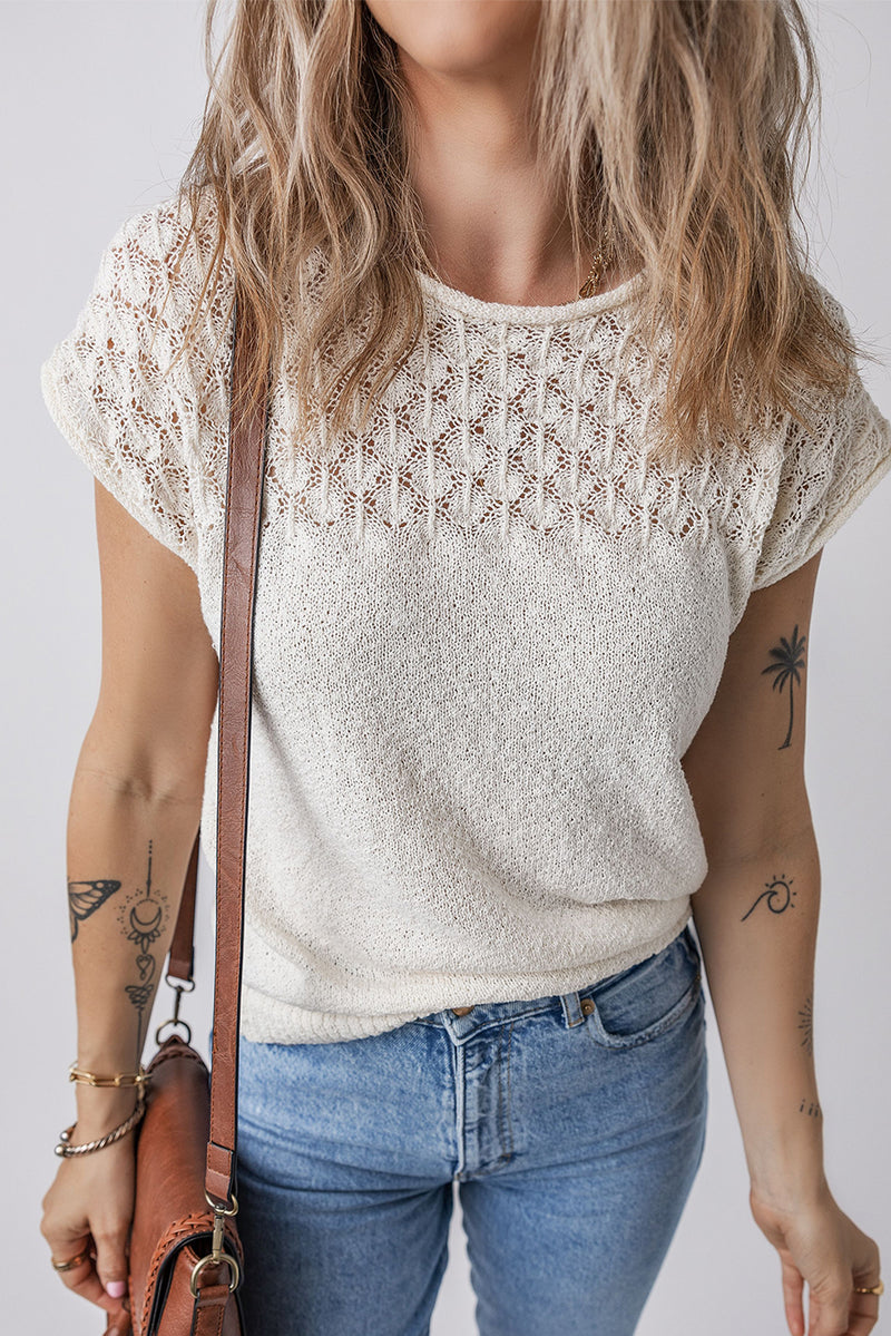 White Plain Knotted Back Crochet Knit Top