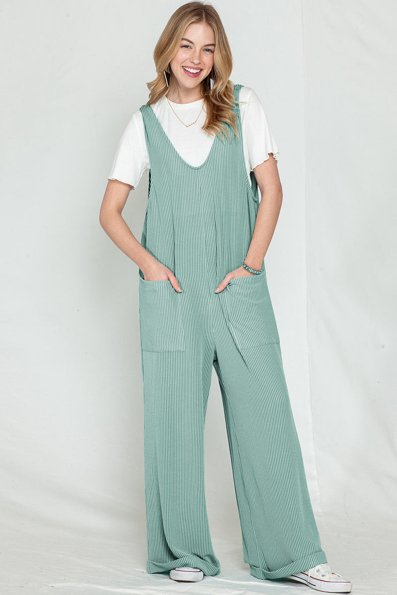 Parchment Pockets Oversized Ribbed Wide Leg Jumpsuit