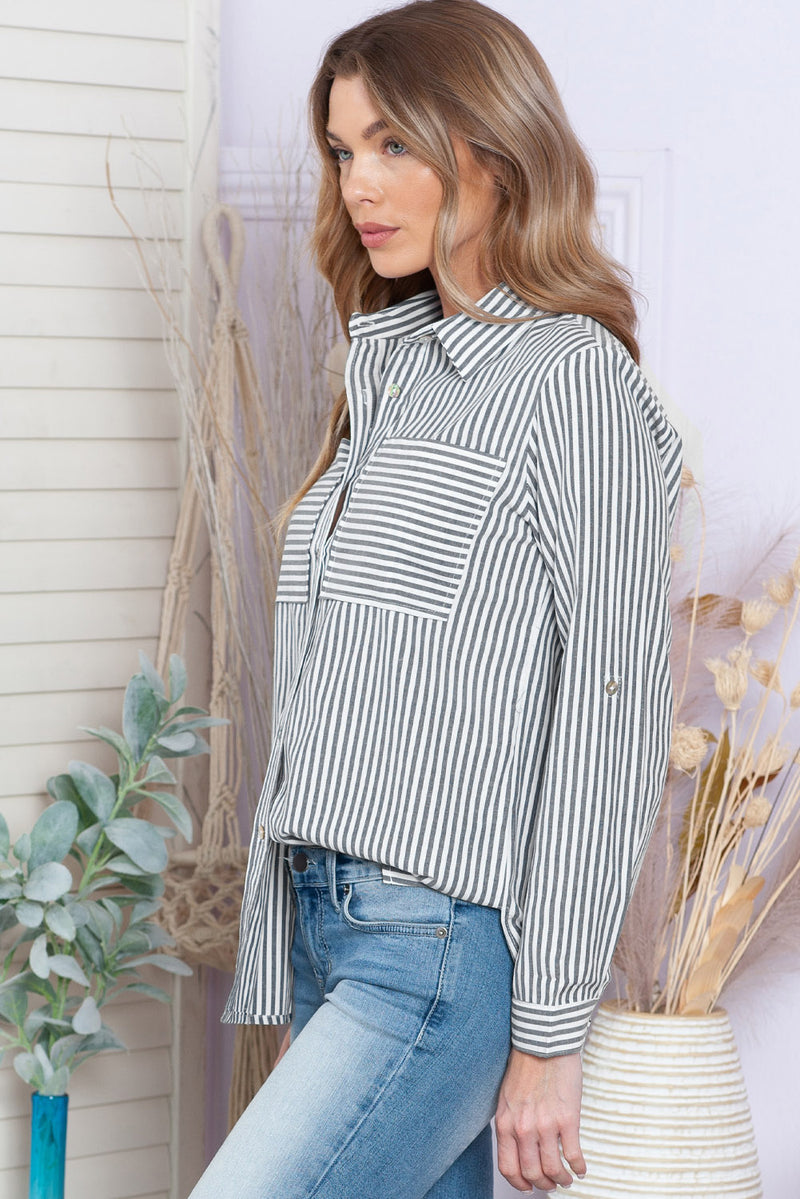 Blue Striped Chic Pockets Roll Up Sleeve Buttons Front Shirt